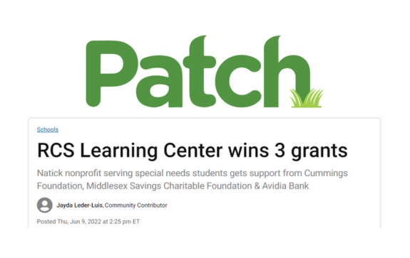 Patch.com logo and article snippet titled "RCS Learning Center wins three grants"